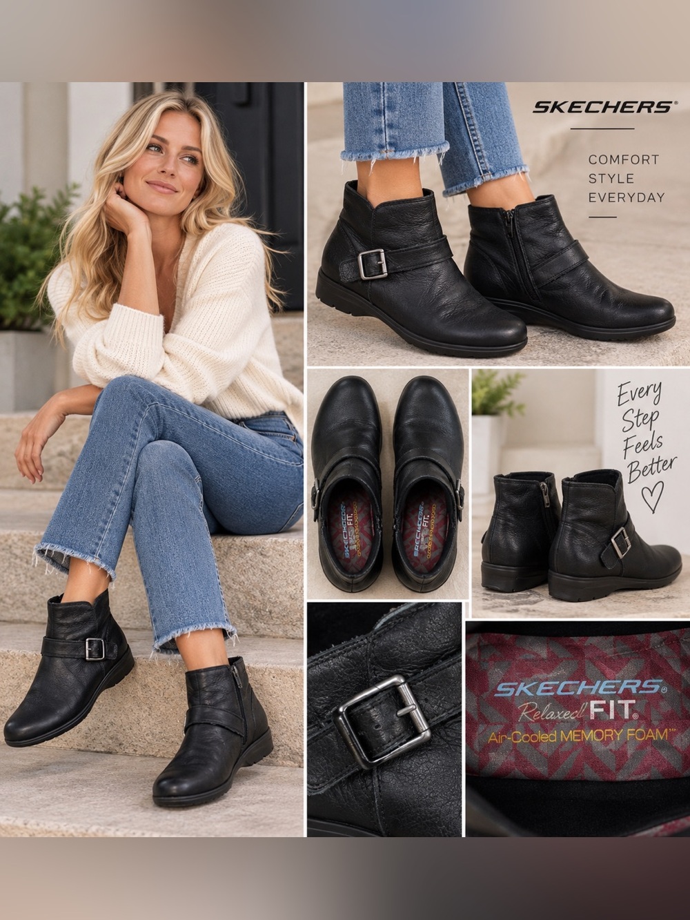 Skechers Black Leather-Look Buckle Ankle Booties